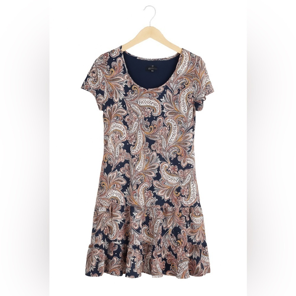 Ronni Nicole Women’s Sz. 10
Short-Sleeve Shift Dress Navy & Orange Paisley Print
